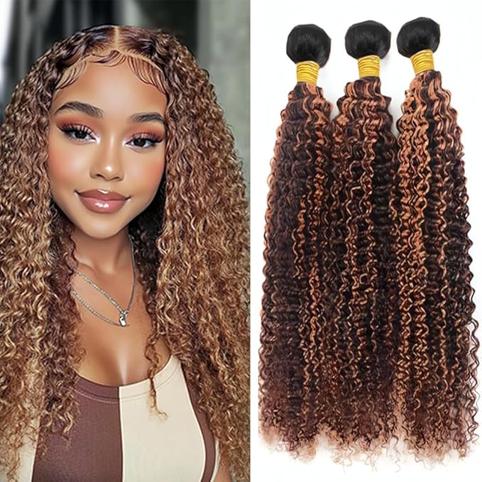 Ombre P430 Curly Bundles Human Hair Highlight Curly Bundles Brown and Light Brown two tone Brazilian Human Hair Soft and Silky for Black Women 26 28 30 Inch