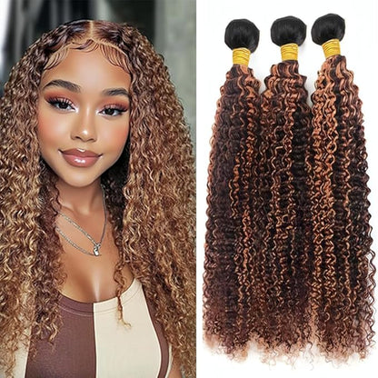 Ombre P430 Curly Bundles Human Hair Highlight Curly Bundles Brown and Light Brown two tone Brazilian Human Hair Soft and Silky for Black Women 26 28 30 Inch
