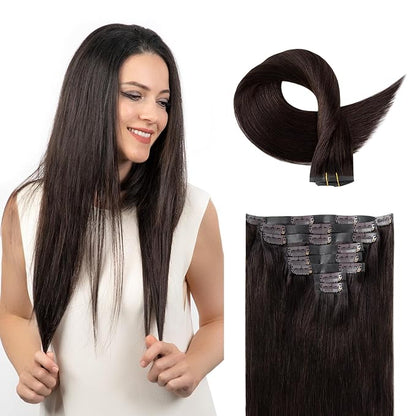 Clip in Hair Extensions Real Human Hair Dark Brown Seamless Clip In 100% Remy Hair Extensions PU Skin Weft Add Volume Thick&Invisible #2 16Inch 120G 8PCS