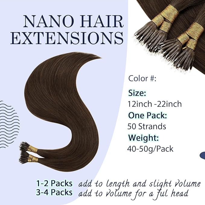 RUNATURE Nano Bead Human Hair Extensions Brown Silky Nano Link Hair Extensions Cold Fusion Nano Ring Hair Extensions Real Human Hair Nano Beads Remy Nano Hair Extensions 20 Inch 50 Gram 50 Strands