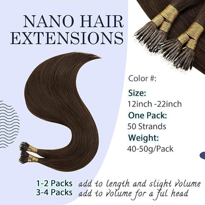 RUNATURE Nano Bead Human Hair Extensions Brown Silky Nano Link Hair Extensions Cold Fusion Nano Ring Hair Extensions Real Human Hair Nano Beads Remy Nano Hair Extensions 20 Inch 50 Gram 50 Strands