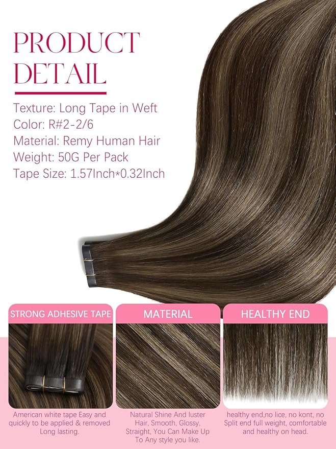Lacer Wide Tape in Hair Extensions 18 Inch Invisible Long Weft Hair Extensions Human Hair Chestnut Brown Mixed Dark Brown With Dark Brown Roots Tape in Weft Extensions One Piece 50G