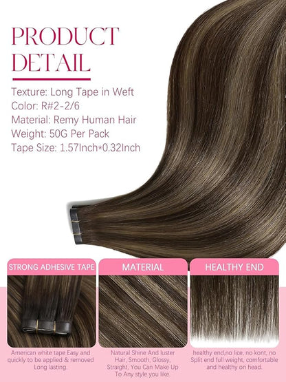 Lacer Wide Tape in Hair Extensions 18 Inch Invisible Long Weft Hair Extensions Human Hair Chestnut Brown Mixed Dark Brown With Dark Brown Roots Tape in Weft Extensions One Piece 50G