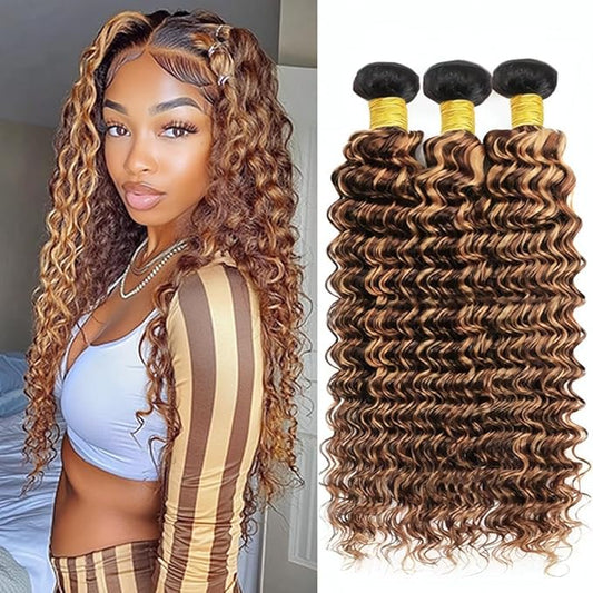P427 Deep Wave Bundles Highlight Ombre Dark Brown and Honey Blonde Bundles Two Tone Brazilian Human Hair Extensions Soft and Silky for Black Women 8 10 12 Inch