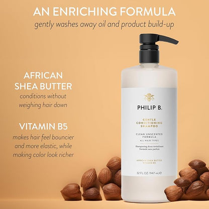 PHILIP B Gentle Conditioning Shampoo, 32 fl. oz. (947 ml) - Light-Weight Unscented Cleanser Adds Softness & Shine, With Shea Butter & Vitamin B5