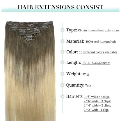 DOORES Hair Extensions Clip in Human Hair, Ash Brown to Platinum Blonde 12 Inch 7pcs 80g, Clip in Hair Extensions Real Human Hair Extensions Human Hair Natural Silky Straight Hair
