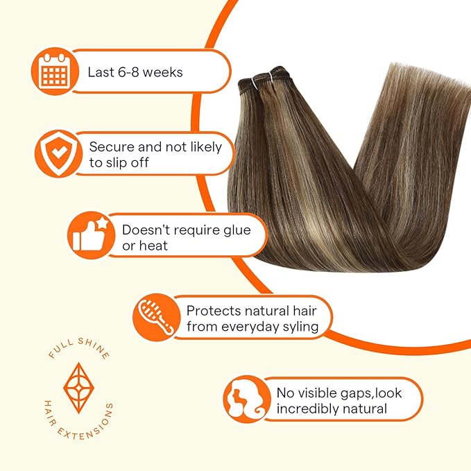 Full Shine Weft Hair Extensions Remy Hair Extensions Highlight Brown Hair Weft Sew In Real Hair Color Brown Highlight Honey Blonde Human Hair Bundles For Women 16 Inch 105G