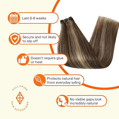 Full Shine Weft Hair Extensions Remy Hair Extensions Highlight Brown Hair Weft Sew In Real Hair Color Brown Highlight Honey Blonde Human Hair Bundles For Women 16 Inch 105G