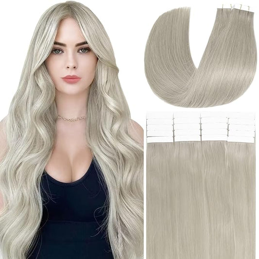 Anrosa Tape in Hair Extensions - Silky Grey Human Hair, Thick End Seamless Invisible for Women - 12 Inch, 50 Gram, 20pcs