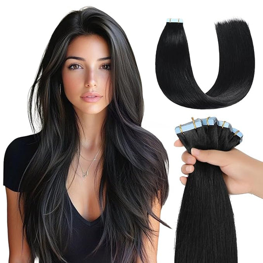 Missme Tape in Hair Extensions Human Hair 20 inch 20 Pcs 50g #1 Jet Black Tape ins Human Hair Extensions Remy Hair Skin Weft Seamless Invisible Silky Straight Thick Ends Add Length