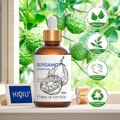 HIQILI Bergamot Essential Oil for Diffuser, Skin, Hair, DIY, 100% Pure & Natural - 1.01 Fl Oz (30 mL)