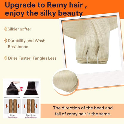Full Shine Sew In Hair Extensions Weft Hair Extensions Human Hair Remy Hair Sew In Extensions Color White Blonde Human Hair Bundles 12 Inch 80G Machine Tied Weft Human Hair