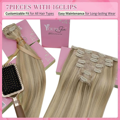 YoungSee Clip in Hair Extensions Human Hair Highlight Lace Clip in Extensions Real Human Hair Dark Ash Blonde Highlights Golden Blonde Remy Human Hair Extensions Clip ins Blonde 16Inch 7Pcs 120G