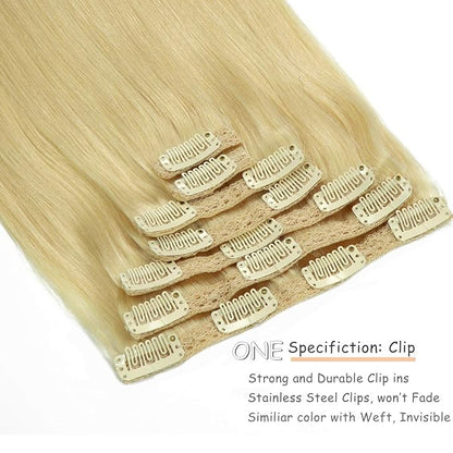 Caliee Hair Extensions Human Hair Bleach Blonde Color Silky Straight Clip in Extensions Invisible Double Weft for Women Full Head Seamless Hair Extensions 120g 16inch