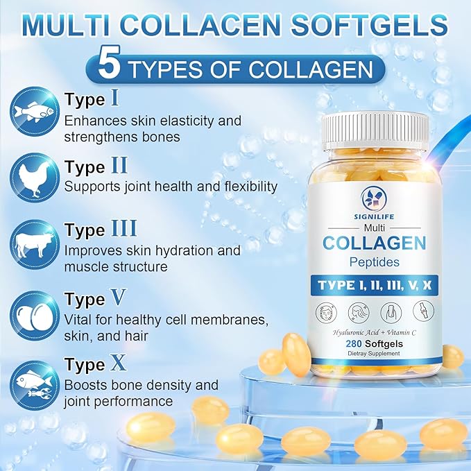 Multi Collagen Peptides for Women & Men, Hydrolyzed Collagen Peptides-Type I, II, III, V, X - with Hyaluronic Acid,Vitamin C,Biotin,Supports Skin Hair Nail, Non-GMO,840 Softgels