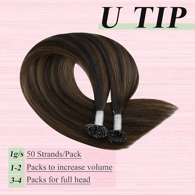 YoungSee U Tip Hair Extensions Human Hair Balayage Ktip Hair Extensions Balayage Dark Brown with Brown U Tips Hair Extensions Real Human Hair Ombre for Women Human Hair Extensions U Tip 20In 50s/50G