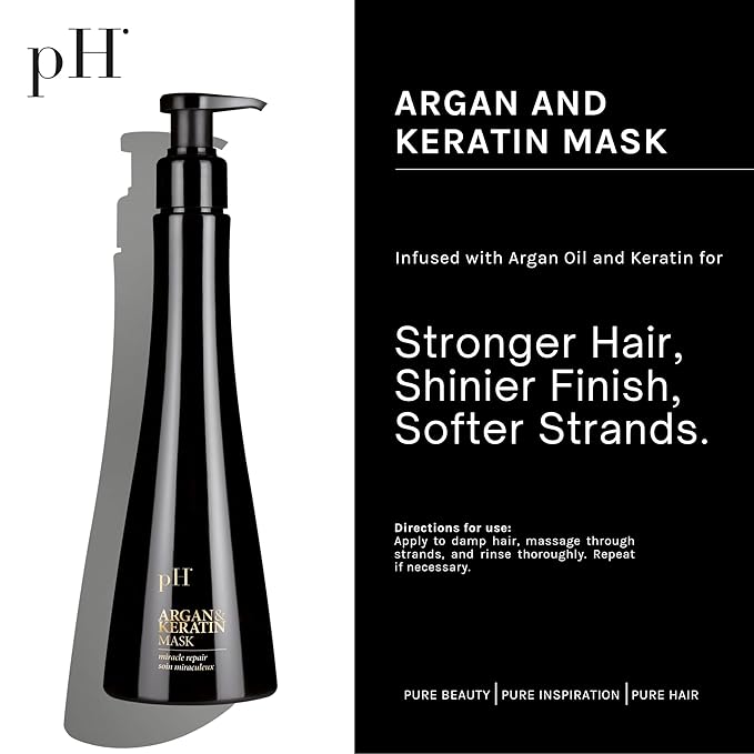 pH PURE HAIR Argan & Keratin Shampoo Hair Mask & Elixir Color Protecting - Hydrating Nourishing Formula for Deep Cleansing Heat Protection Soft & Silky Hair - Sulfate Free (8.45+8.45+3.38 Fl Oz)