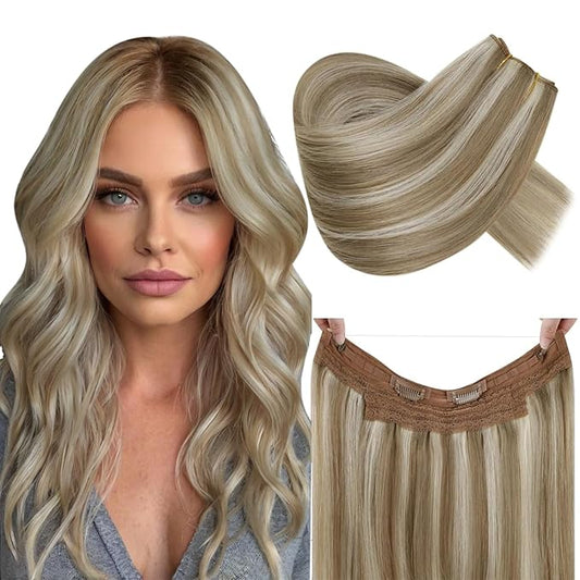 RUNATURE Wire Hair Extensions Human Hair, Invisible Hair Extensions with Transparent Wire, 20 Inch 100g Thick Human Hair Clip in One Piece Extensions, Easy to Apply, Well Blended, #8P24