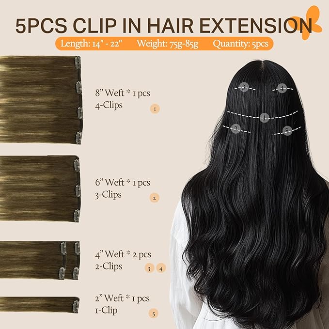 DOORES Clip in Hair Extensions Human Hair, 5pcs 75g Balayage Walnut Brown to Ash Brown and Bleach Blonde 14 Inch Remy Human Hair Extensions Clip in Natural Straight