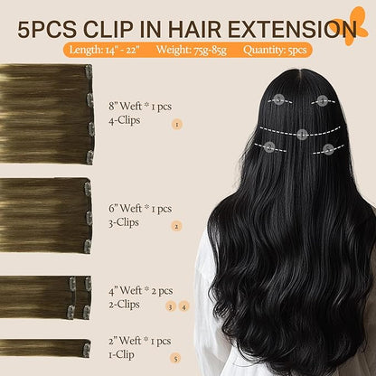 DOORES Clip in Hair Extensions Human Hair, 5pcs 75g Balayage Walnut Brown to Ash Brown and Bleach Blonde 14 Inch Remy Human Hair Extensions Clip in Natural Straight