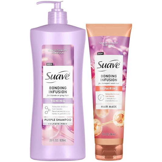 Suave Bonding Infusion Set, Toning Purple Shampoo, Sulfate-Free + Repairing Hair Mask, Leave-In Conditioner Treatment for Dry, Damaged Hair