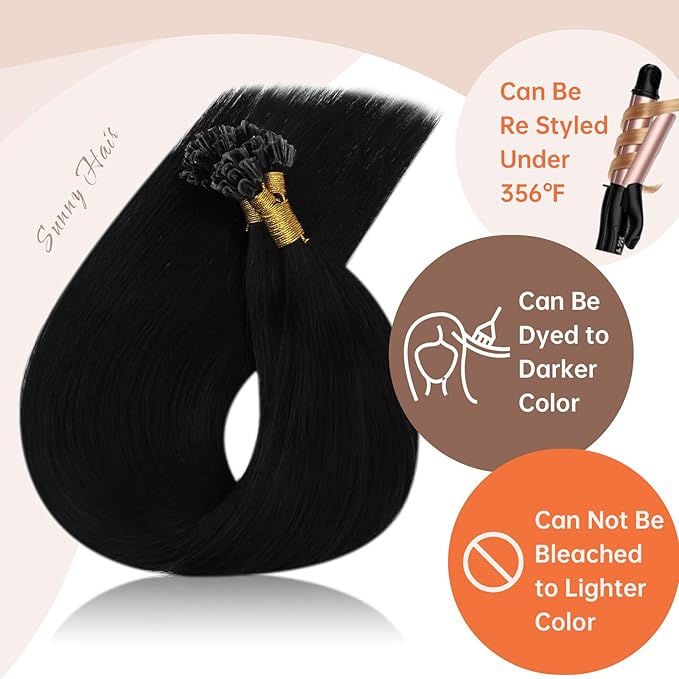 Sunny Hair U Tip Hair Extensions Human Hair Black K Tip Hair Extensions Real Human Hair Black Ktip Human Hair Extensions Straight Tip for Women Pre Bonded Fit Any Occasion 16inch 50g