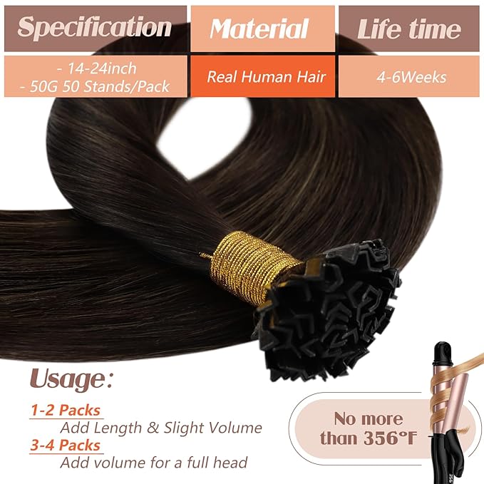 Sunny Hair Ktip Human Hair Extensions Darkest Brown to Medium Brown Keratin Human Hair Extensions 24inch K Tip Extensions Natural 50g
