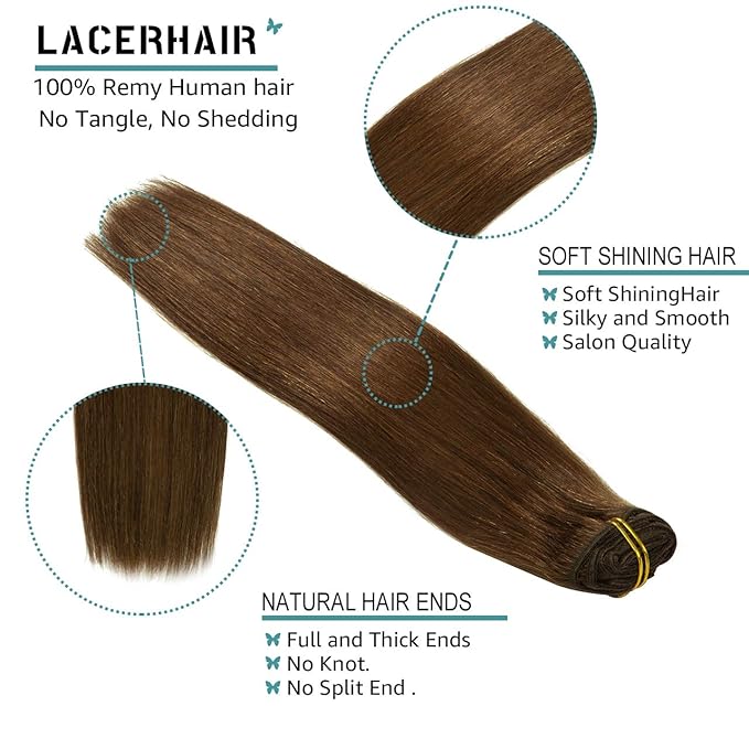 Lacer Hair Extensions Clip In Real Human Hair Extensions 120g 7 Pieces Silky Straight Weft Remy Human Hair Clip in Hair Extensions Chocolate Brown #4 14 Inch