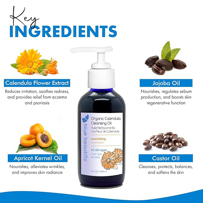 Blue Beautifly USDA Certified Organic Calendula Cleansing Oil - Removes Makeup, Cleanses Pores, and Restores Protective Barrier - Enriched with Apricot Oil and Turmeric Extract - 4 fl oz