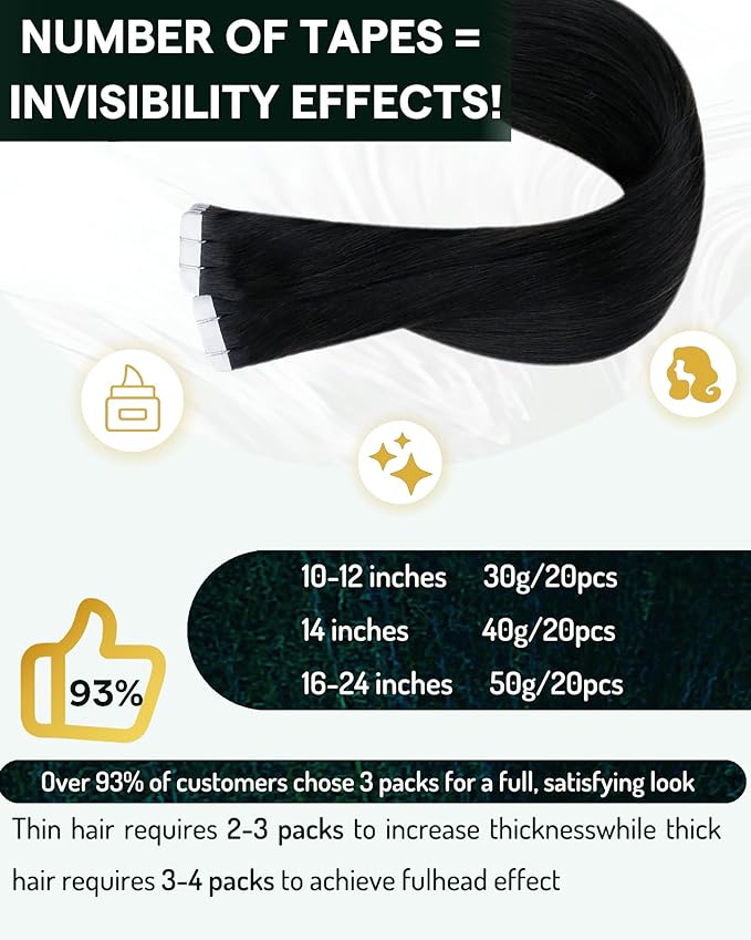 RUNATURE Tape in Hair Extensions Human Hair Black, 18 Inch Long Black Tape in Extensions Human Hair, Straight Remy Hair Extensions Tape ins Full Ends Natural Silky 50g 20pcs