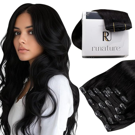 RUNATURE Black Hair Extensions Clip in Human Hair, Thick Natural Remy Hair Clip in Extensions for Black Women, Full Head Hair Silky Straight 12 Inch 80g 7pcs #1B Off Black