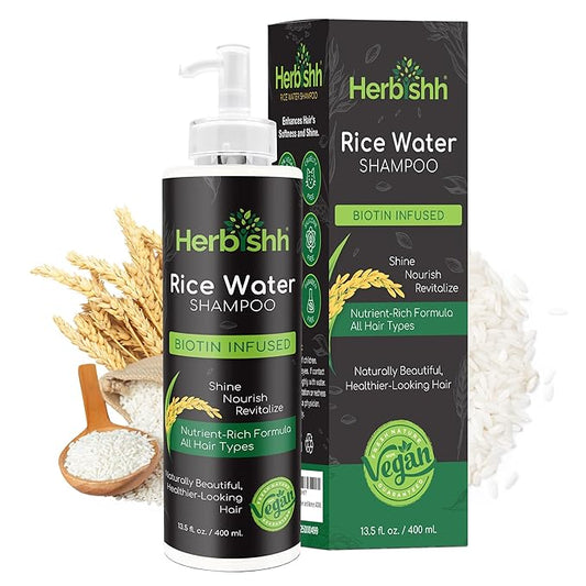 Herbishh Rice Water Hair Growth Shampoo - 400ml with Power of Castor Oil, Argan & Coconut Oil & Biotin | All Hair Type | Hair regrowth for Thinning Hair, Moisturizing & Volumizing | Silicone Free