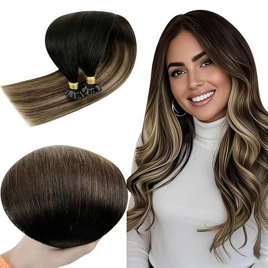 RUNATURE 20 Inch U Tip Human Hair Extensions Ombre Black to Brown Mix Caramel Blonde Pre Bonded Hair Extensions Straight Nail Tip Hair Extensions Silky Human Hair U Tip Extensions Remy 50g 50s