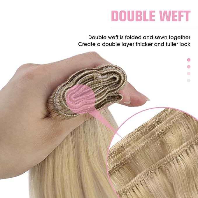 YoungSee Weft Hair Extensions, Highlight Sew in Hair Extensions Real Human Hair, Warm Ash Blonde Highlights Bleach Blonde Highlights Sew in Weft Hair Extensions Human Hair 18Inch 100G