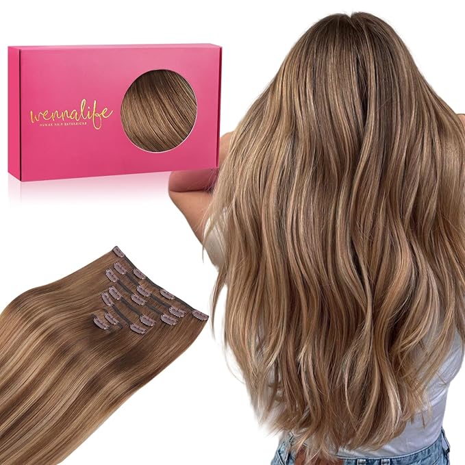 WENNALIFE Clip in Hair Extensions Real Human Hair, 20 Inch 120g 7pcs Human Hair Extensions Clip In Human Hair, Balayage Chestnut Brown Mixed Dirty Blonde Hair Extensions Clip In Real Hair Remy Human