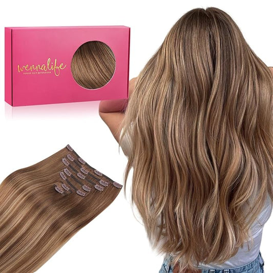 WENNALIFE Clip in Hair Extensions Real Human Hair, 20 Inch 120g 7pcs Human Hair Extensions Clip In Human Hair, Balayage Chestnut Brown Mixed Dirty Blonde Hair Extensions Clip In Real Hair Remy Human