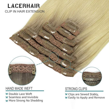 Lacer Blonde Clip in Extensions Real Human Hair Platinum Blonde with Lightest Brown Roots Human Hair Clip Ins 120G with 16 Clips 7Pcs 18 Inch