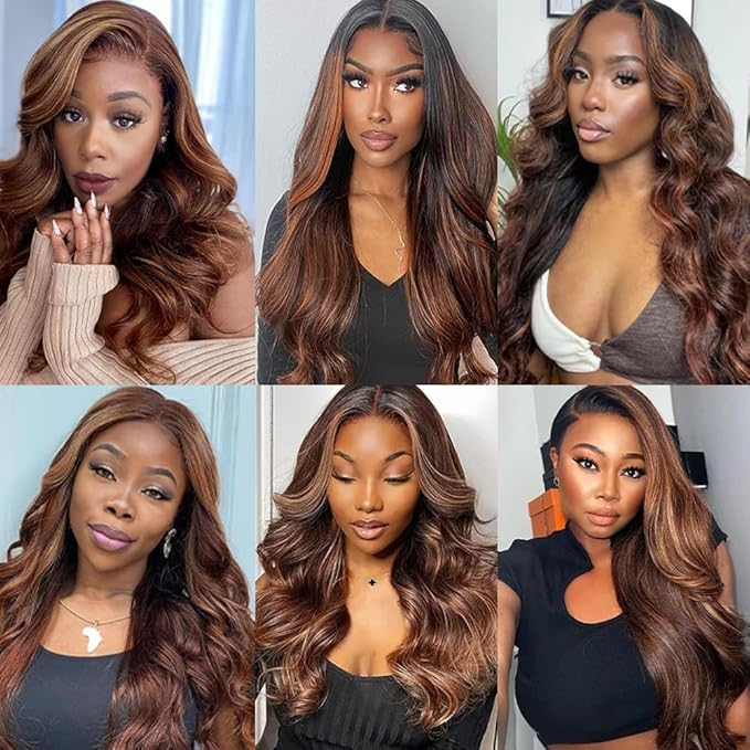 34 34 34 Inch Ombre Human Hair Bundles Body Wave Bundles Human Hair Highlight Bundles Brazilian Brown Highlight Bundles Hair Weave Silky Soft Remy Hair Extensions