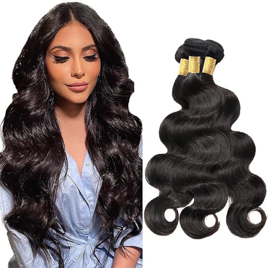 Color 1B Bundles Human Hair Natural Color Body Wave Bundles Same Length 3 Bundles 16 16 16 Inch Unprocessed Brazilian Virgin Remy Hair Extensions 100g/Pc