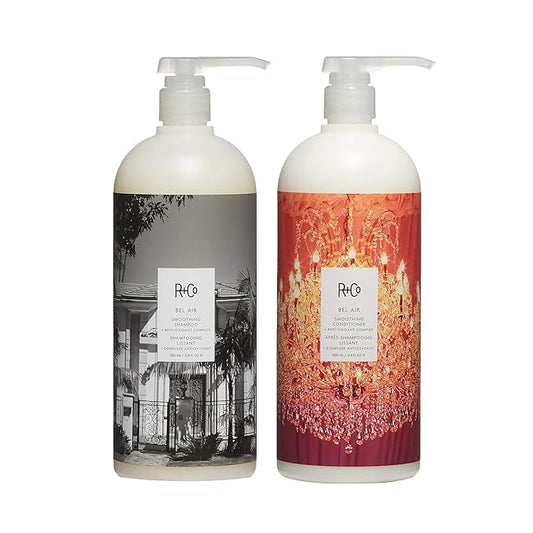 R+Co Bel Air Smoothing Shampoo and Conditioner Set 1L - Smoothing Shampoo + Conditioner Anti-Oxidant Complex | Vegan + Cruelty-Free | R+Co Bonus Deluxe Sample (.5 Oz)
