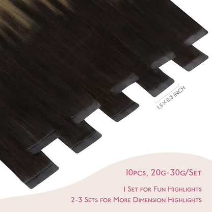 WENNALIFE Tape in Hair Extensions Human Hair Dark Brown to Chestnut Brown and Dirty Blonde Highlighted Tape in Extensions, 10pcs 30g 24 inch Remy Invisible Tape Ins Straight Colored Soft Refill Set