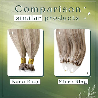 RUNATURE 22 Inch Nano Bead Hair Extensions Human Hair Ombre Ash Blonde Mix Light Blonde Fading to Platinum Blonde Remy Nano Extensions Human Hair Silky Nana Link Human Hair Extensions 50g 50s