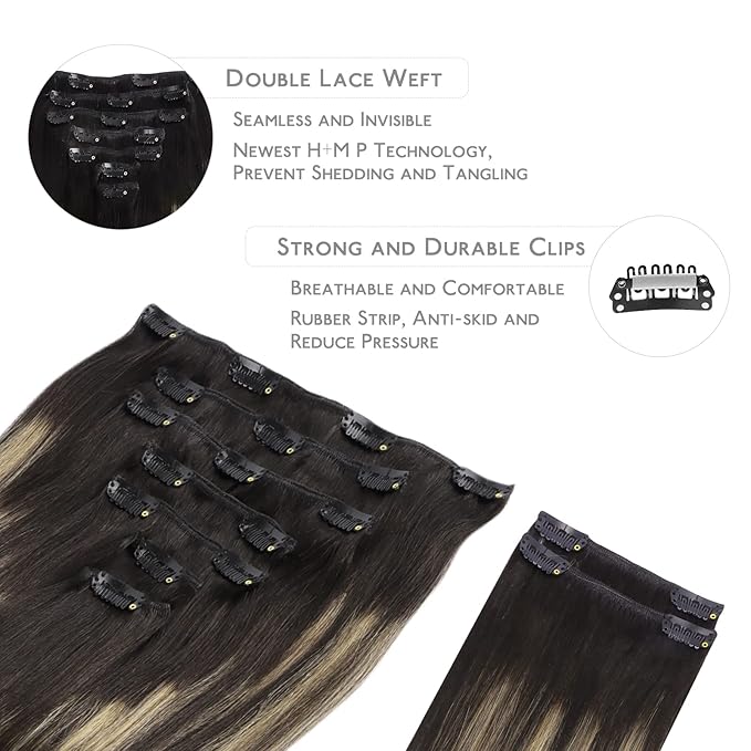 WENNALIFE Clip in Hair Extensions Real Human Hair, 14 Inch 150g 9pcs Balayage Natural Black to Light Blonde Remy Hair Thicker Double Weft Extensiones De Cabello Humano Con Clip Ins Straight Full