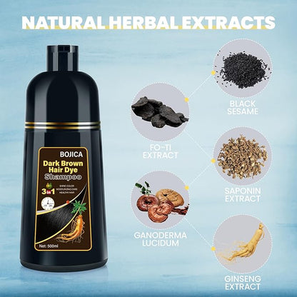 Hair Dye Shampoo for Gray Hair Coverage, 3-in-1 Semi-Permanent Color Shampoo for Women & Men Dark Brown