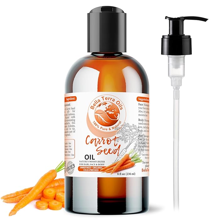 Bella Terra Oils - Organic Carrot Seed Oil 8 oz - Unveiling Organic Carrot's Enzymes & Nutritional Benefits, A Cold-Pressed Delight for a Natural Skin Glow