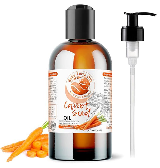 Bella Terra Oils - Organic Carrot Seed Oil 8 oz - Unveiling Organic Carrot's Enzymes & Nutritional Benefits, A Cold-Pressed Delight for a Natural Skin Glow
