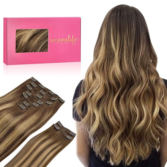 WENNALIFE Clip in Hair Extensions, 150g 22 Inch 9pcs Balayage Chocolate Brown to Honey Blonde Human Hair Extensions Thicker Clip in Hair Extensions Real Human Hair Clip Set Double Weft