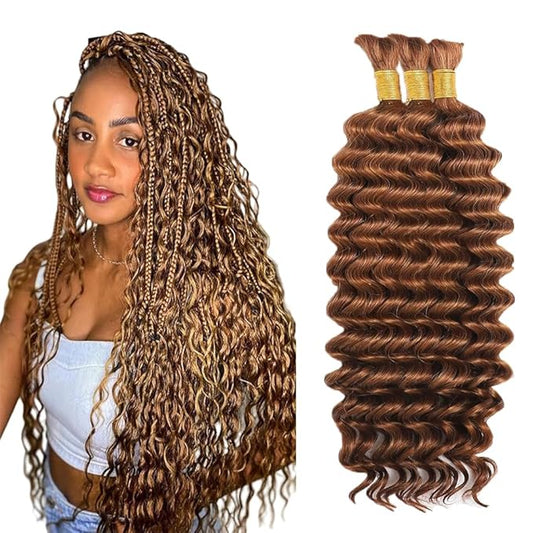 #30 Brown Human Braiding Hair Deep Wave Bulk 26 26 26 Inch Human Hair Weave 3 Bundle Unprocessed Brazilian Virgin Hair Light Brown Deep Curly Braiding Hair Extensions 50 Grams/Bundle