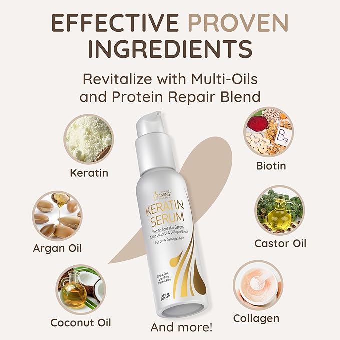 VITAMINS hair cosmetics Keratin Hair Serum for Frizzy and Damaged Hair, Anti Frizz Serum with Biotin, Castor Oil & Collagen for Heat Protection, Shine and Gloss Treatment - 4.25 Fl Oz