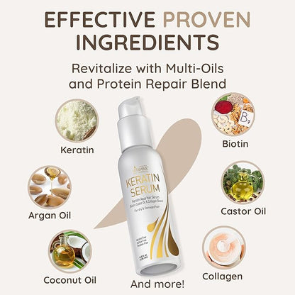 VITAMINS hair cosmetics Keratin Hair Serum for Frizzy and Damaged Hair, Anti Frizz Serum with Biotin, Castor Oil & Collagen for Heat Protection, Shine and Gloss Treatment - 4.25 Fl Oz